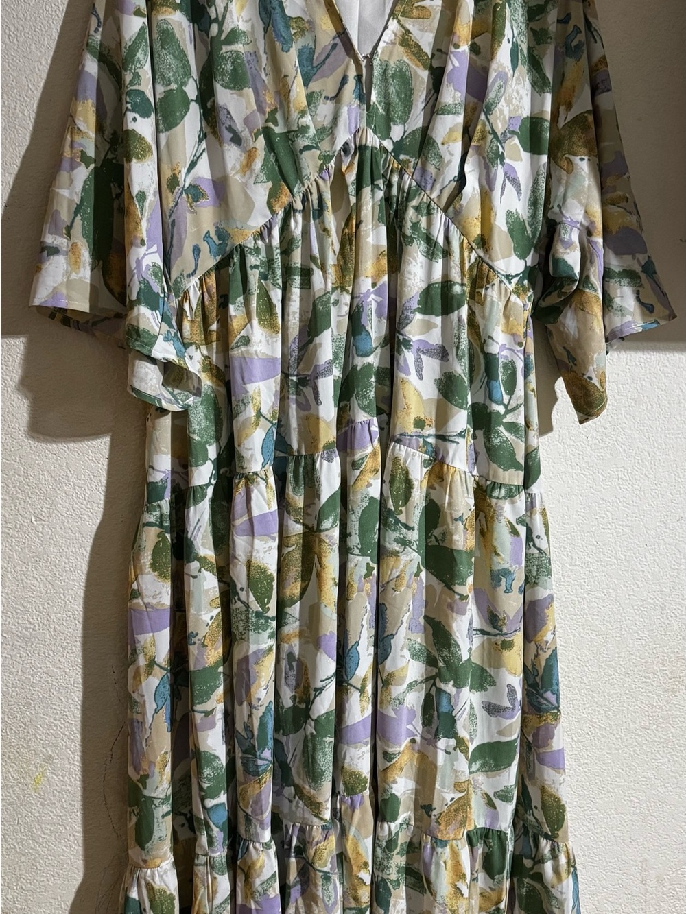 Flowy Tiered Maxi Dress in Green, Lavender & Mustard Print